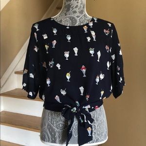 ZARA Ice Cream Sundae Print Tie Front Top